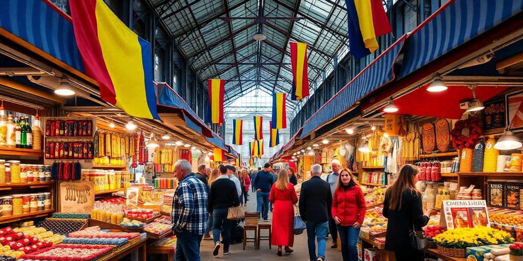 Lively Romanian market with colorful stalls and vendors.