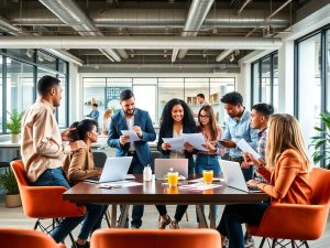 Grup divers de antreprenori discutând despre franciză.