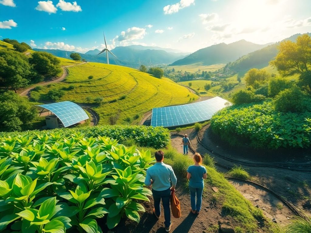 Peisaj verde cu plante și surse de energie curate.
