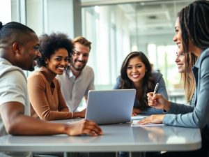 Oameni de afaceri tineri, entuziaști, într-un birou modern.