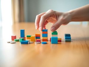 Mână aranjând jetoane startup colorate pe o masă