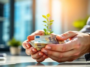 Mână ținând plantă verde, crescând din bancnote euro, birou luminos.