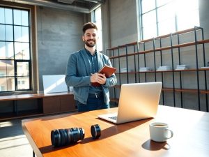 Tânăr antreprenor într-un birou luminos cu laptop elegant îmbrăcat profesionist