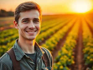 Tânăr fermier zâmbitor în câmp agricol luxuriant la apus.
