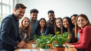 Tineri antreprenori lucrează împreună la un proiect.