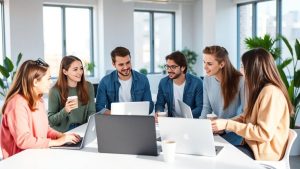 Tineri antreprenori lucrând împreună într-un birou modern.