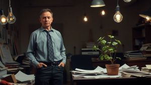 Om de afaceri trist lângă birou cu hârtii împrăștiate.