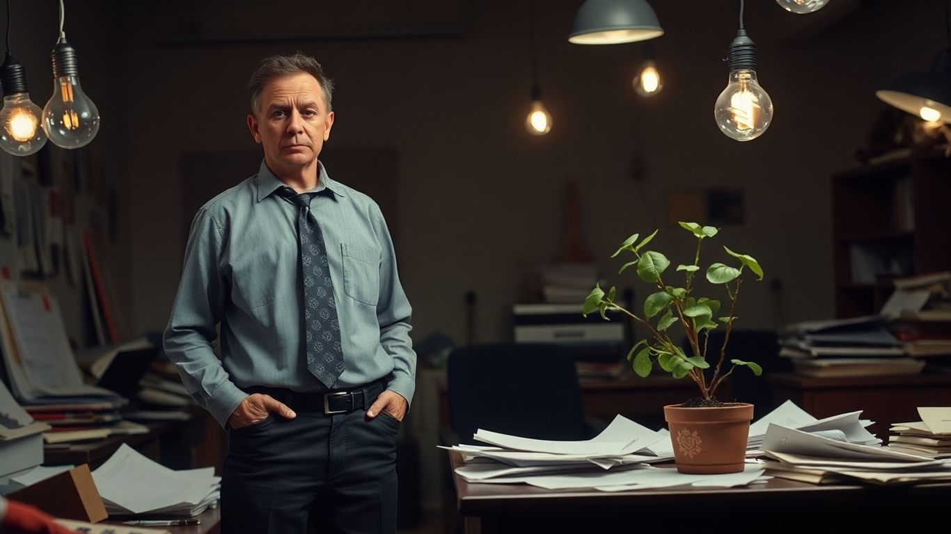 Main page 9 Om de afaceri trist lângă birou cu hârtii împrăștiate.